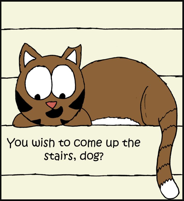 When the cat won't let the dog up the stairs...