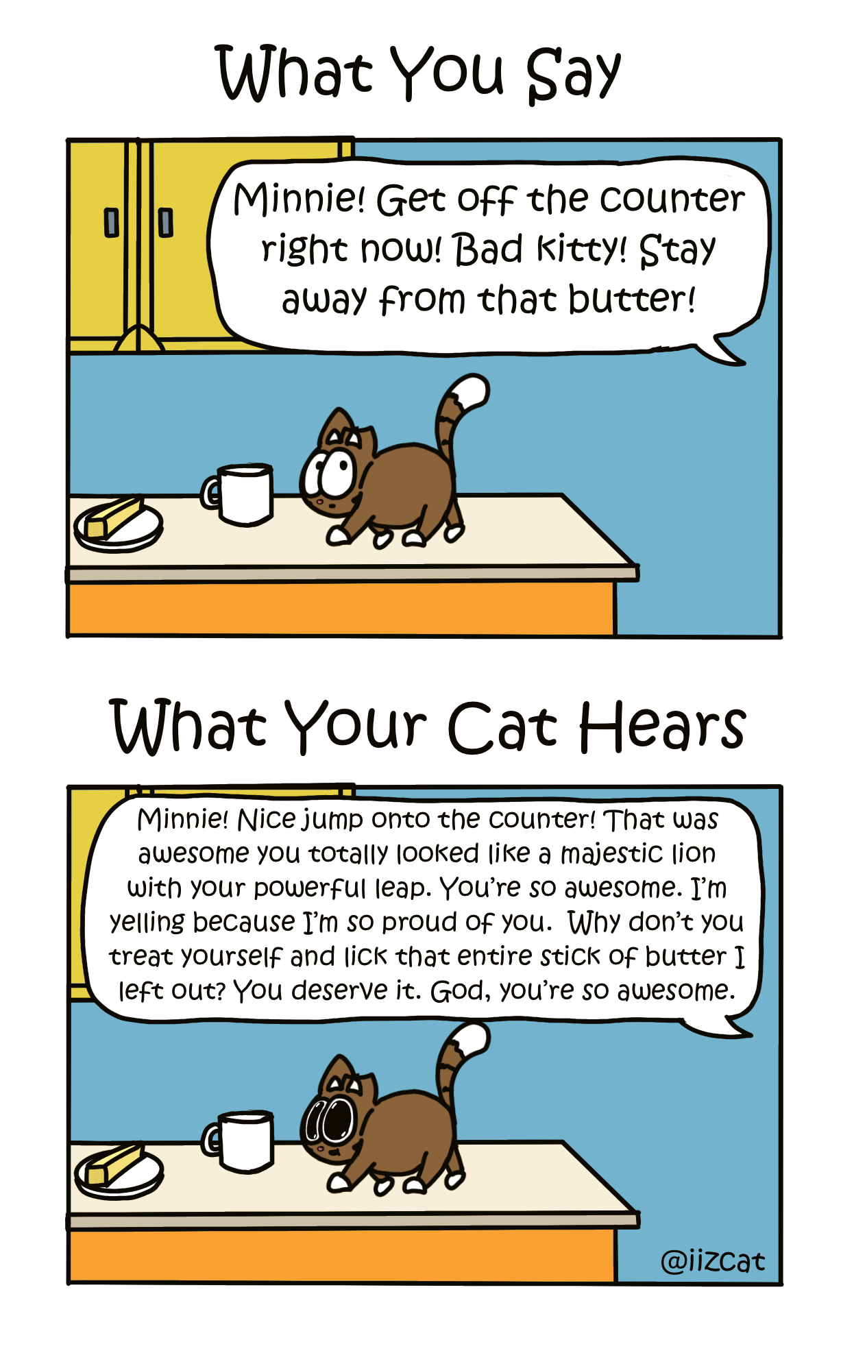 comic illustrating what you say versus what your cat hears